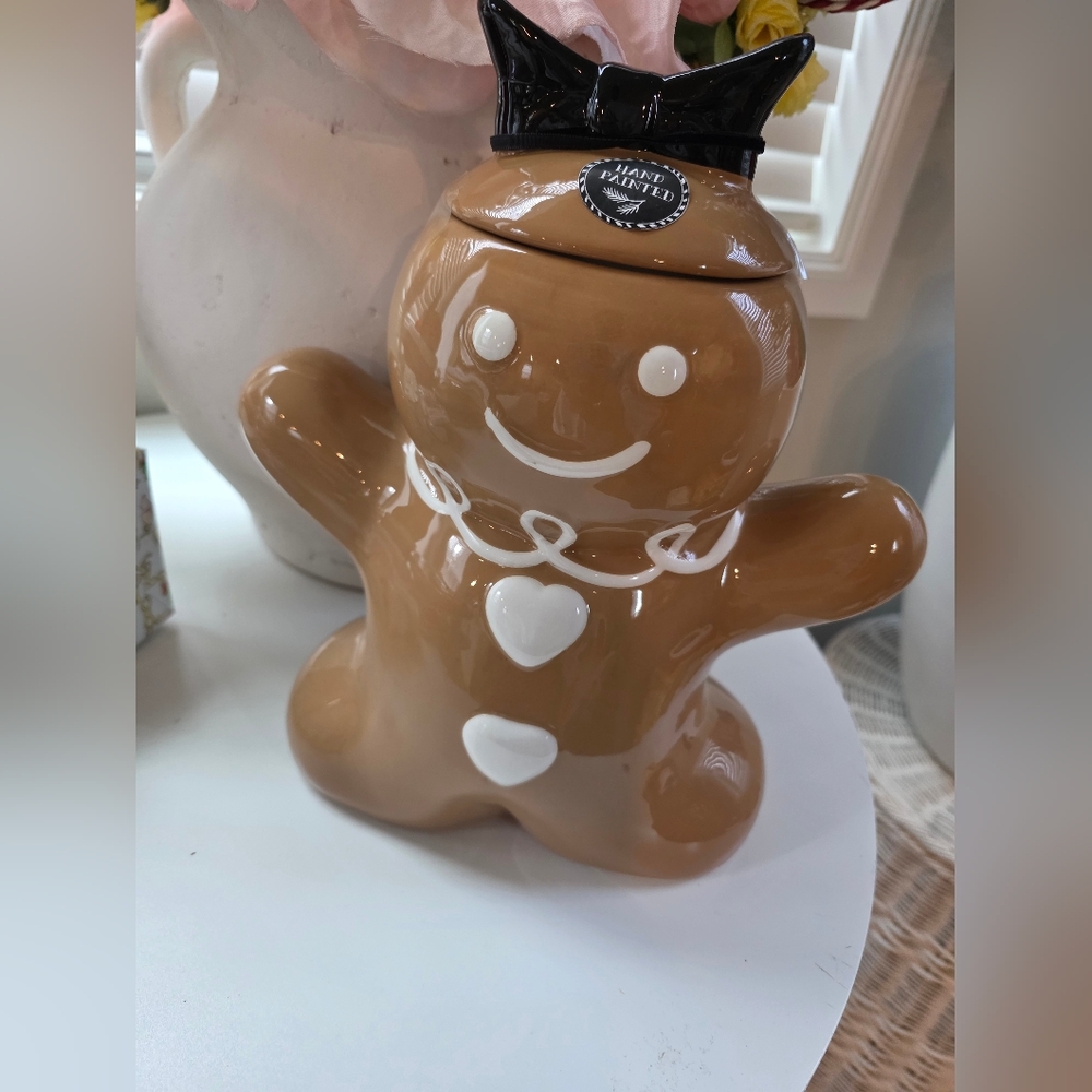 Peppermint & Pine Gingerbread Girl with Black Bow Cookie Jar